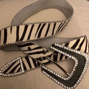 Vintage Leather Zebra Print Rhinestone Belt